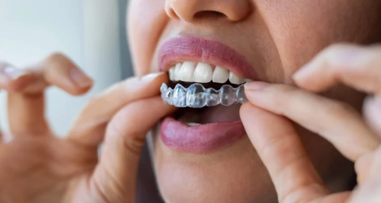 following the instructions of her Invisalign treatment specialists Eagle Crest